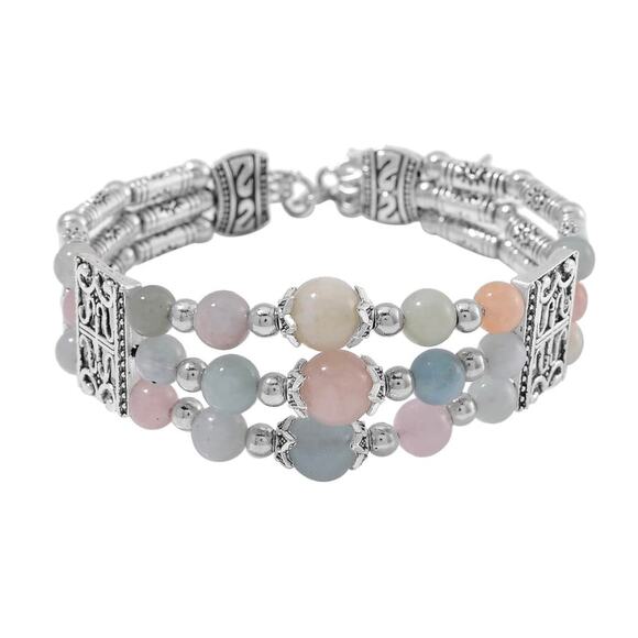 Colors of Beryl Pastel Beads in Natural Gemstones 65 tcw. Bangle Bracelet 7-9” - Picture 1 of 5